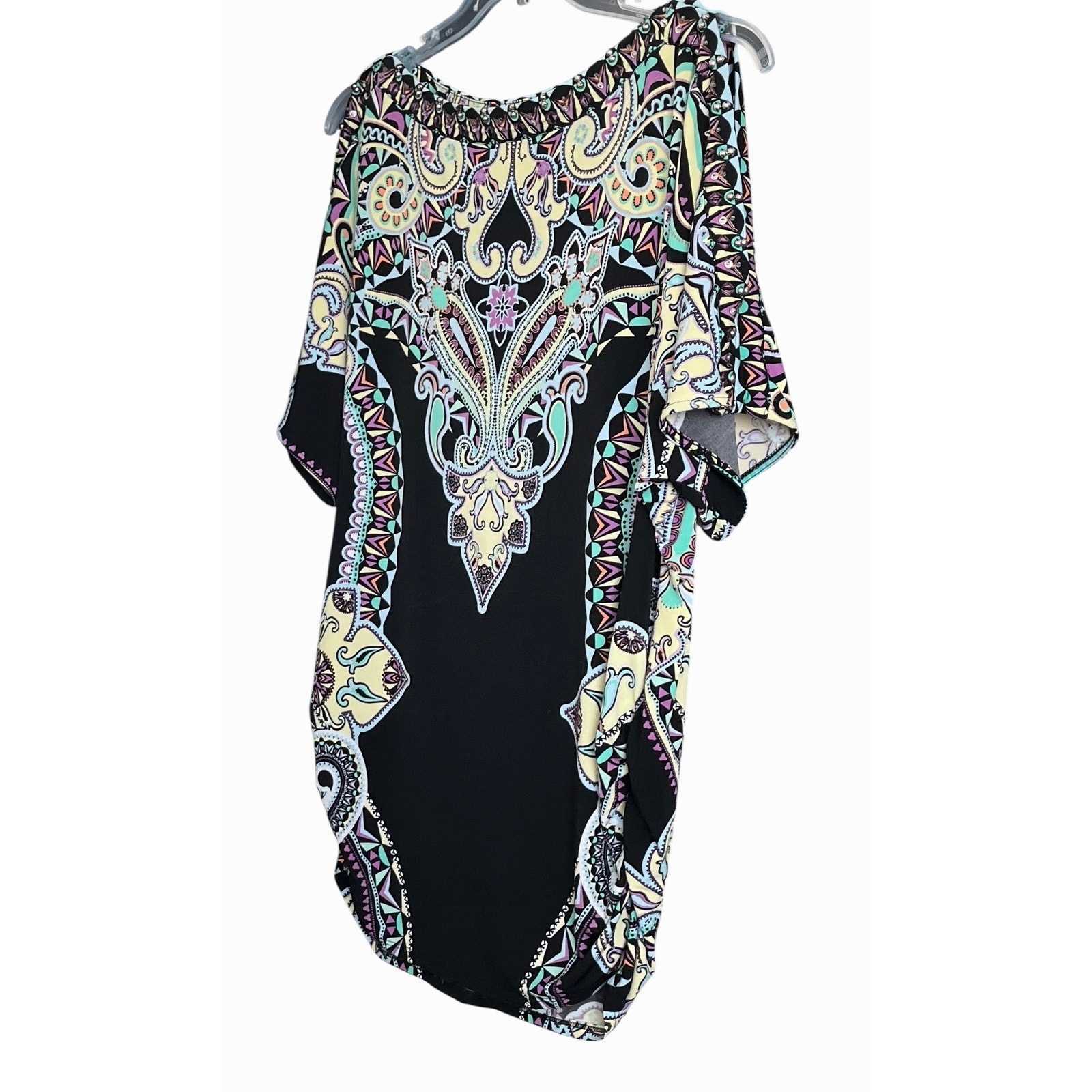Roz & Ali Cold Shoulder Short Dolman Slv Crew Neck, Woman, 1x, Purple Teal Yell — image 3 of 8